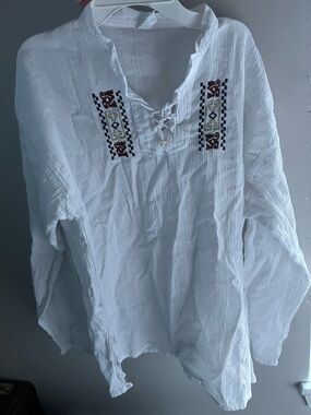 White Embroidered Peasant Top - Boho Women's Blouse